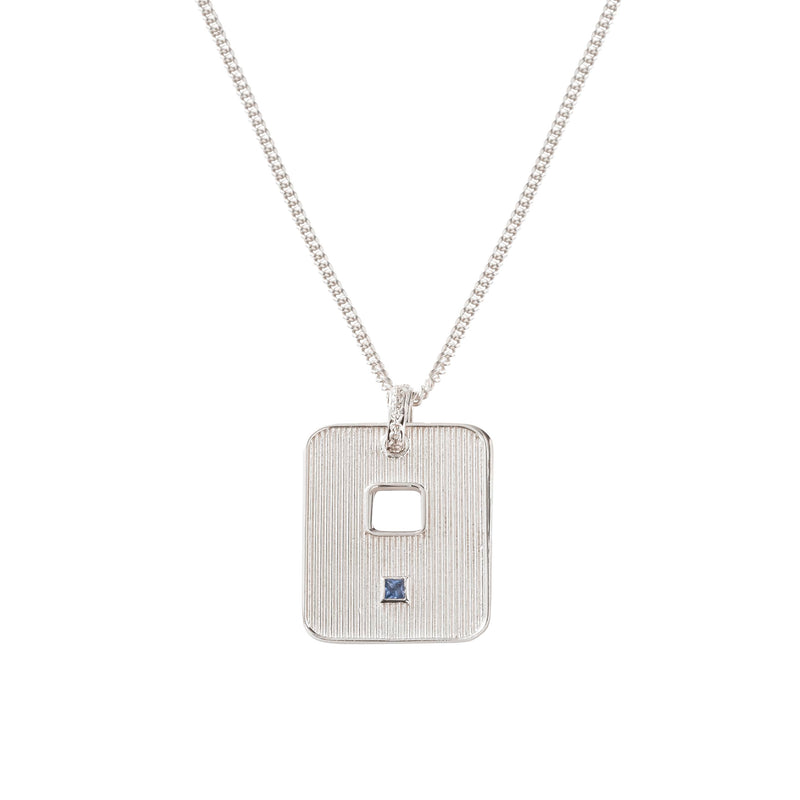 STERLING SILVER RIBBED DOG TAG WITH SAPPHIRE