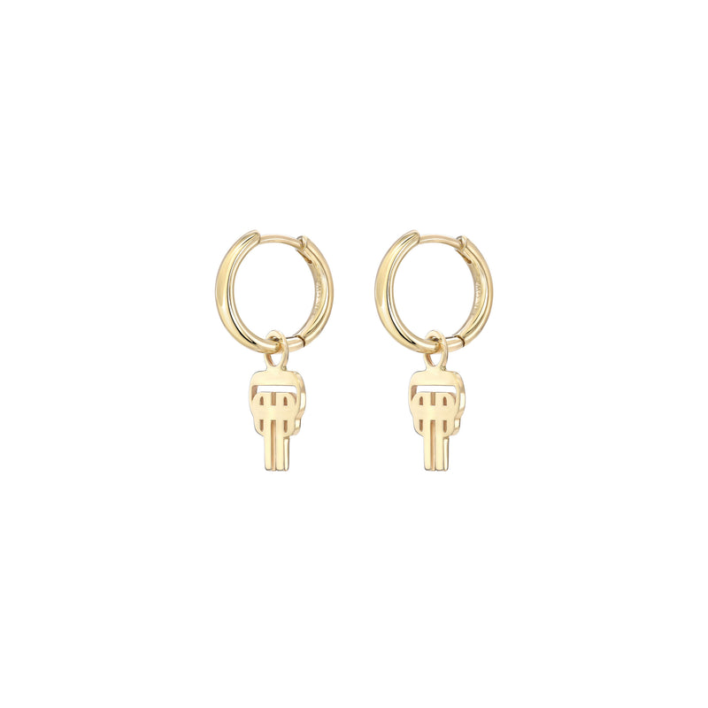 Side view product shot image of the Mini Logo Hoop earring. 14k gold huggie hoop earrings with dangling gold logo. 