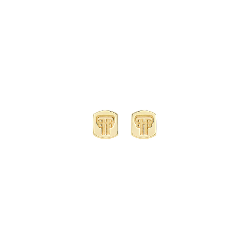 Front view product shot image of 14k gold O.P.P. Logo Stud earrings. Gold rounded squared stud earring with logo engraved in center. 